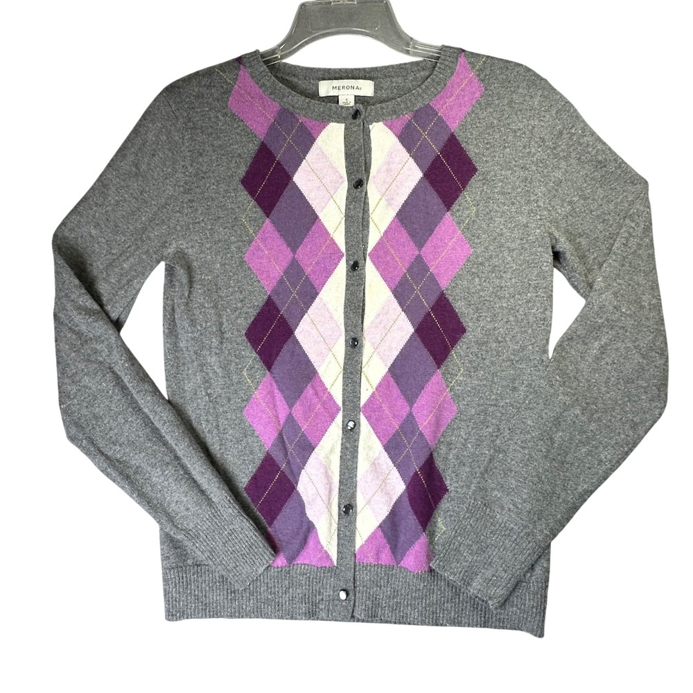 Merona Argyle Cardigan Sweater Preppy Dark Academia Gray Purple Small Layering